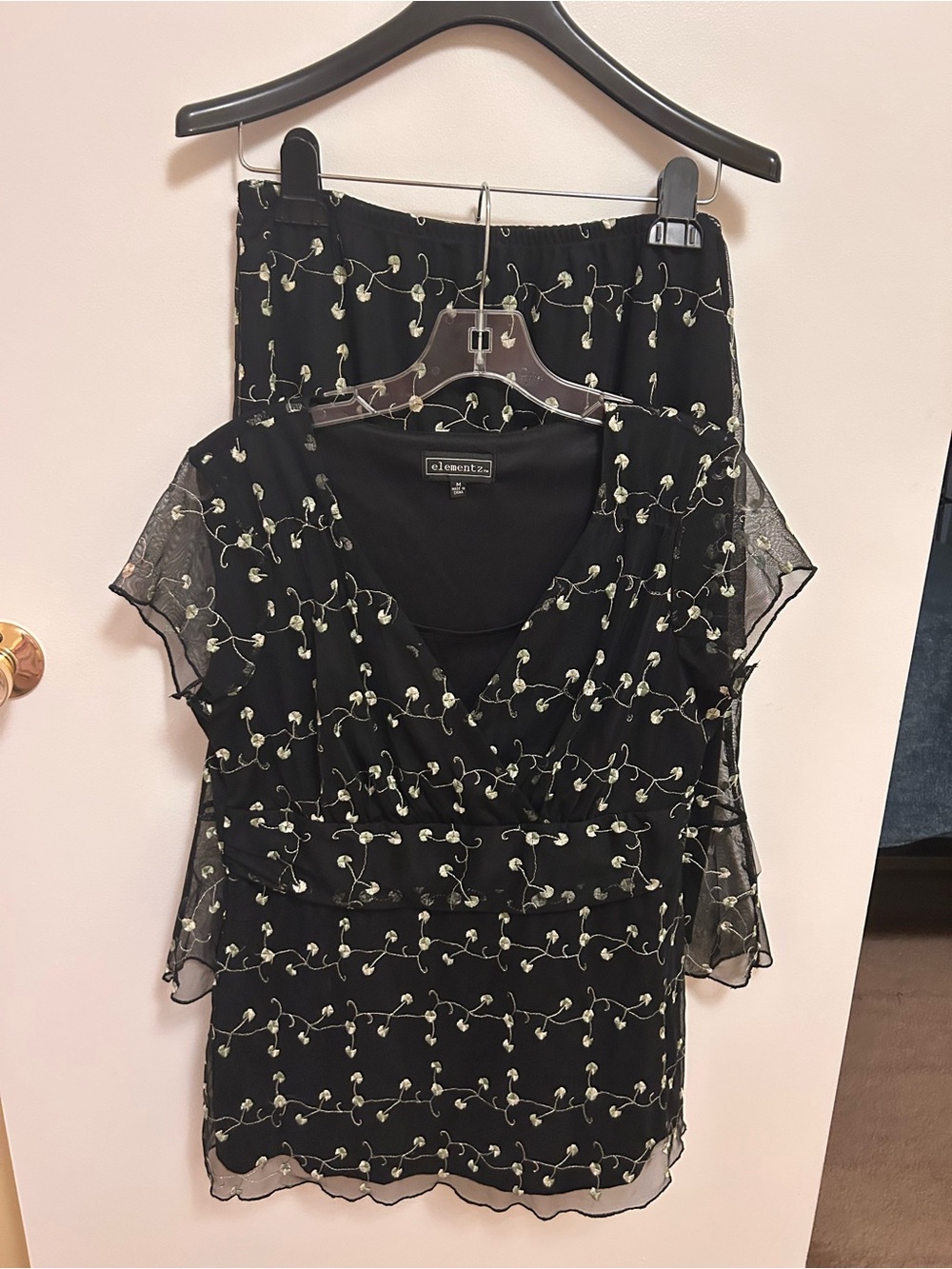 Elementz Black Floral Embroidered Short Sleeve Skirt Set